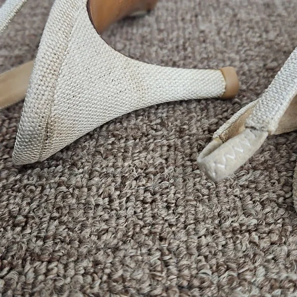 Chanel Beige Fabric Slingback Heels Gold Tone Metal Plate Sz 36 Womens - Picture 7 of 10